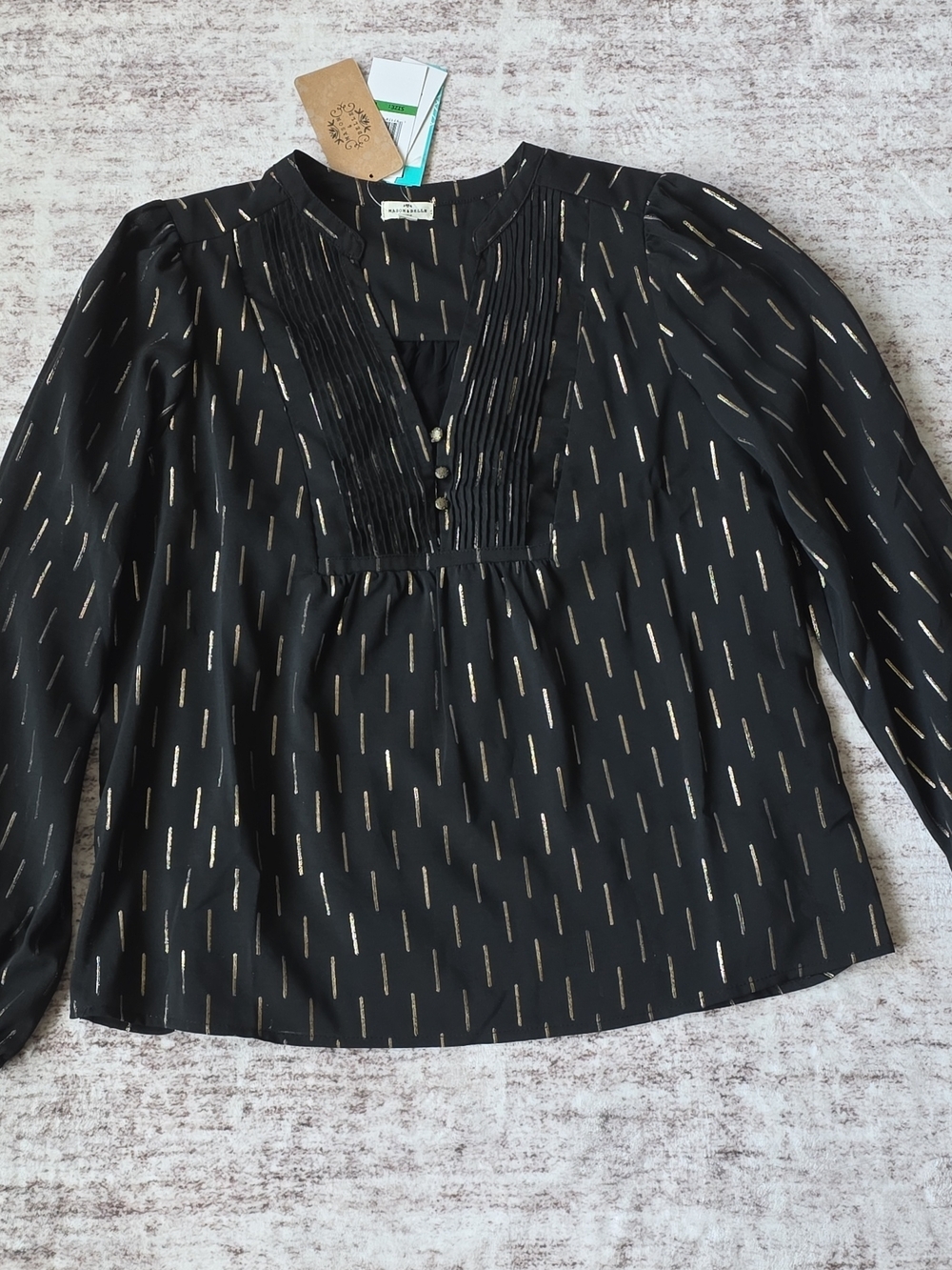 Women's Black V-Neck Pleated Blouse with Metallic Gold Accents